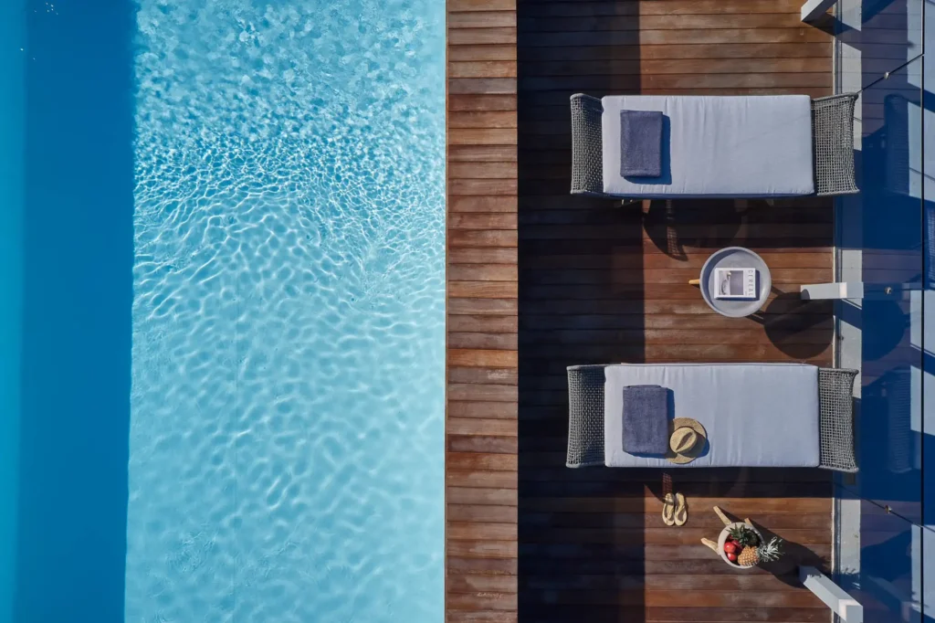 Aerial view of Crystal Waters residential pool on the Athenian Riviera