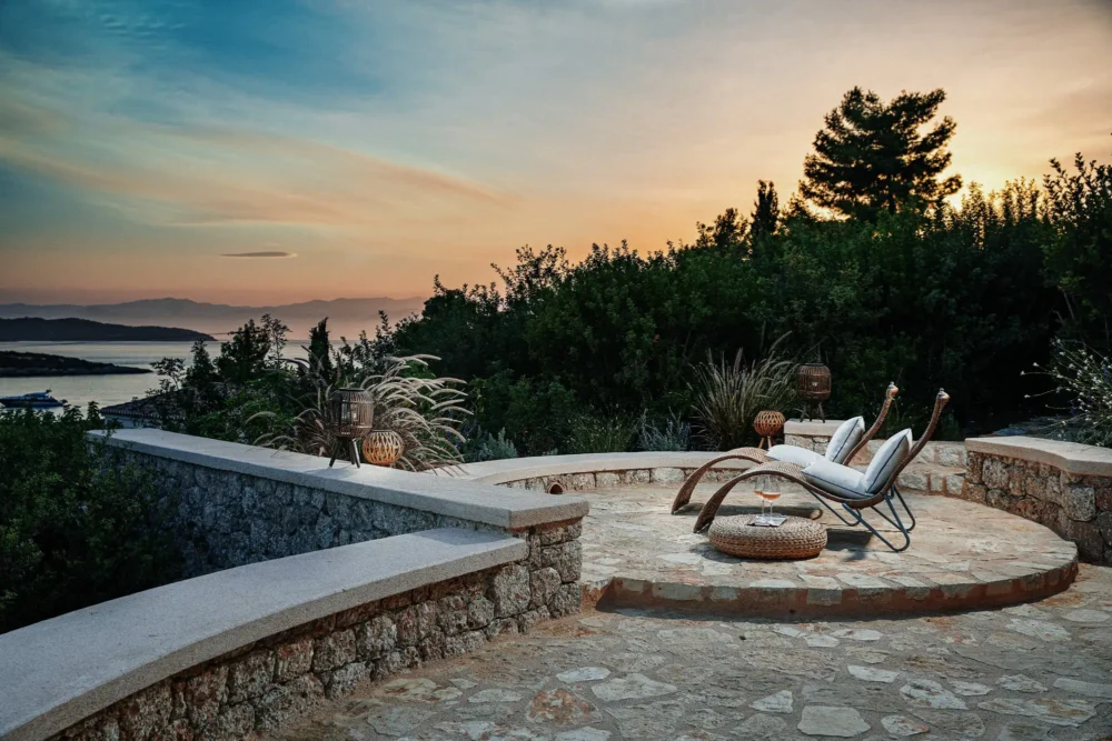 Luxury rental villa terrace, sunset, Porto Heli