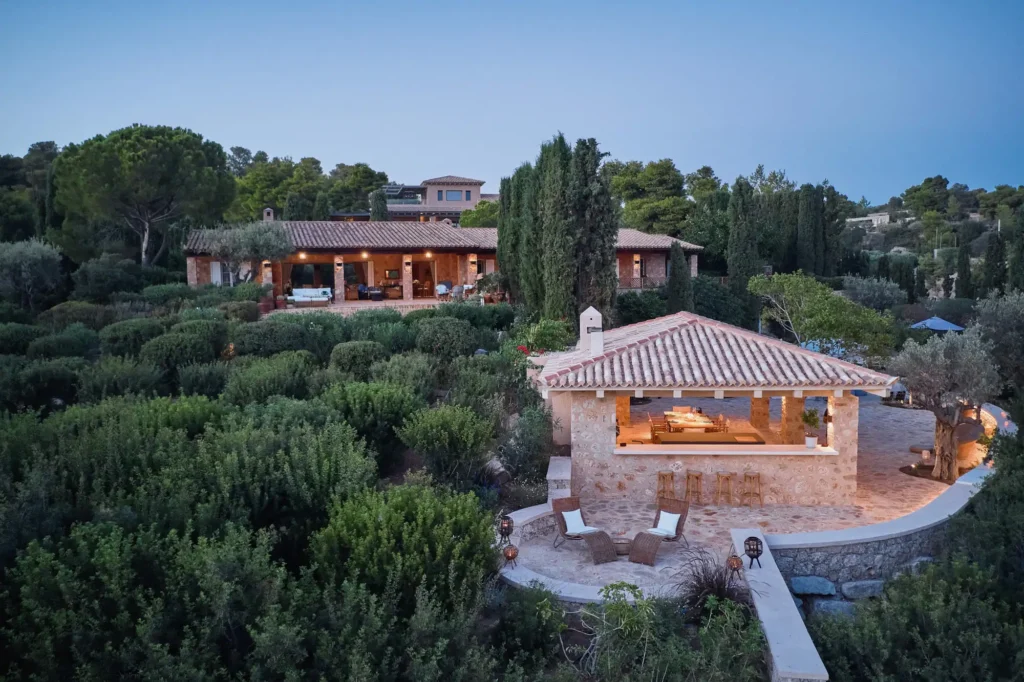 Luxury rental villa terrace, sunset, Porto Heli
