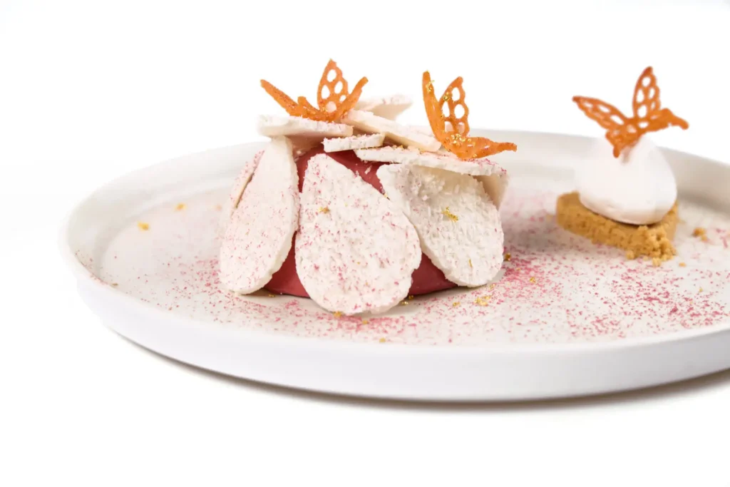 Close-up of Michalis Karouzos pastry with Ruby chocolate and meringue
