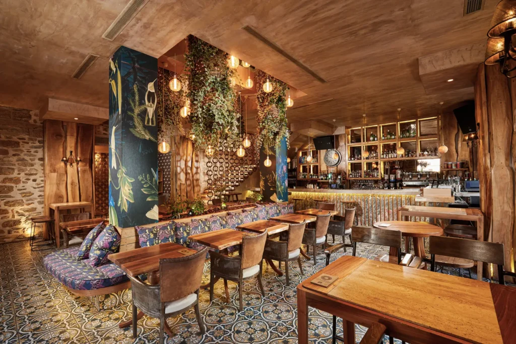 Main guest area with vintage boho decor at Zambri