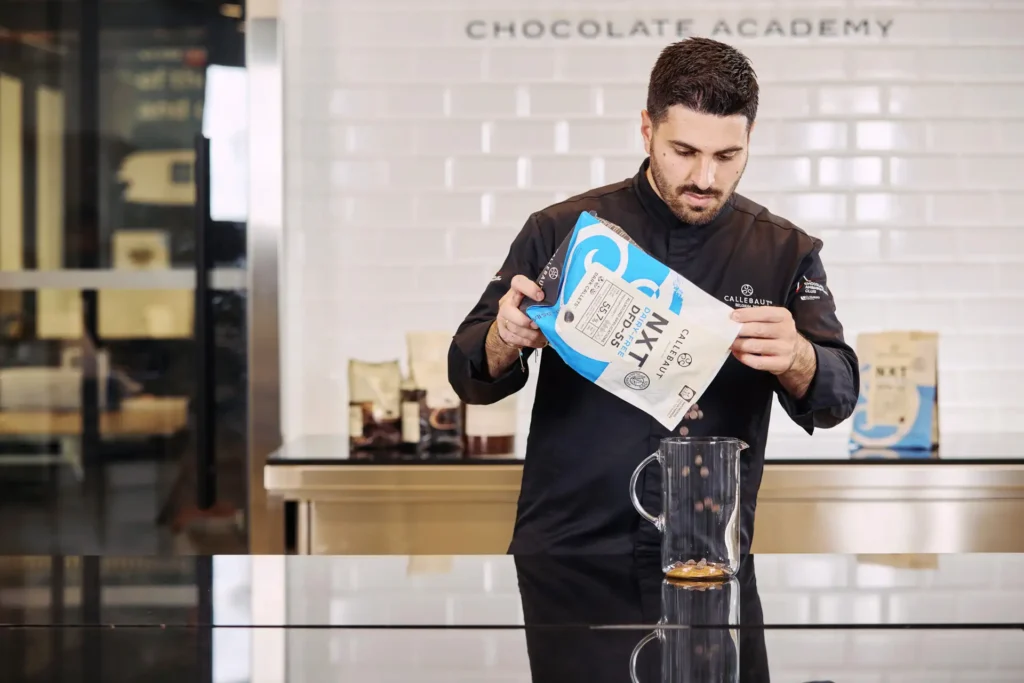 Michalis Chatzikalimeris preparing dessert with Callebaut chocolate callets