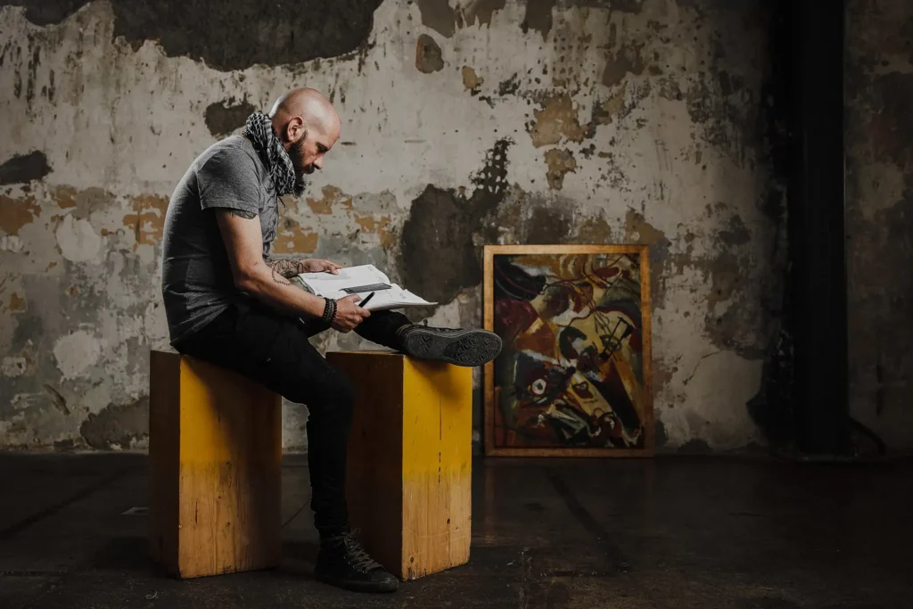 Yannis Manikis chef portrait with color-block styling