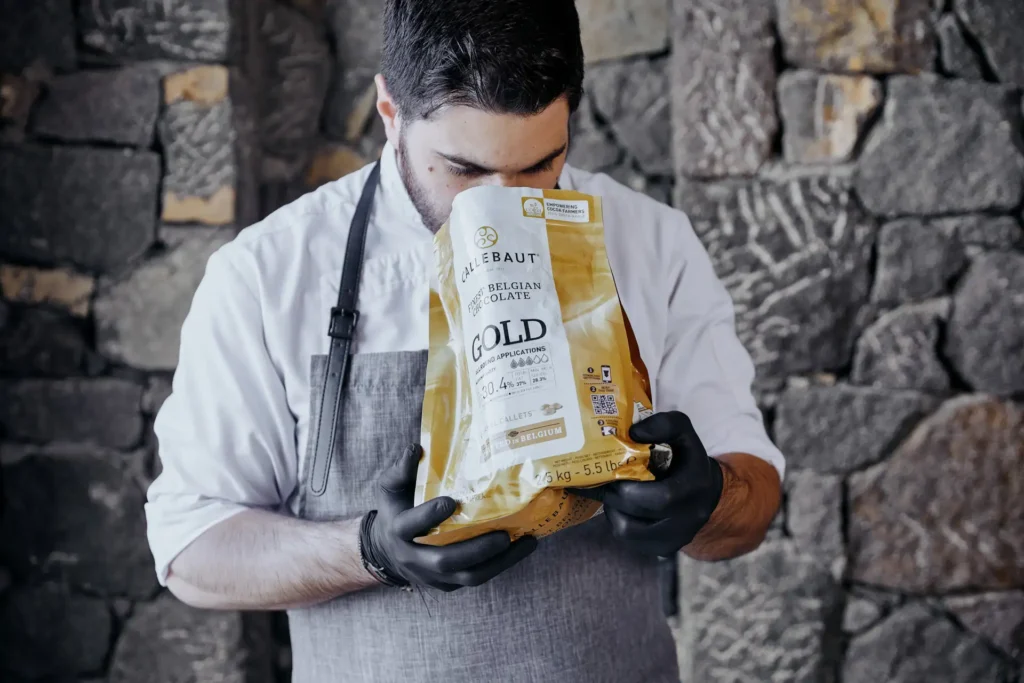 Michalis Chatzikalimeris preparing a pastry with Callebaut chocolate