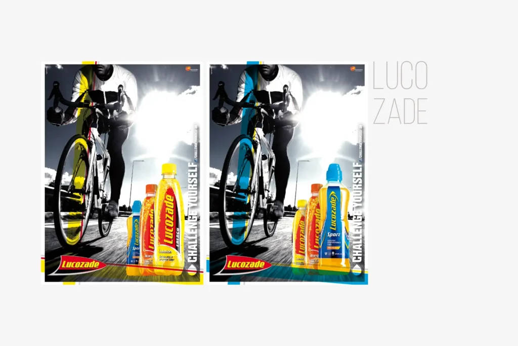 Final Lucozade campaign poster with cyclist