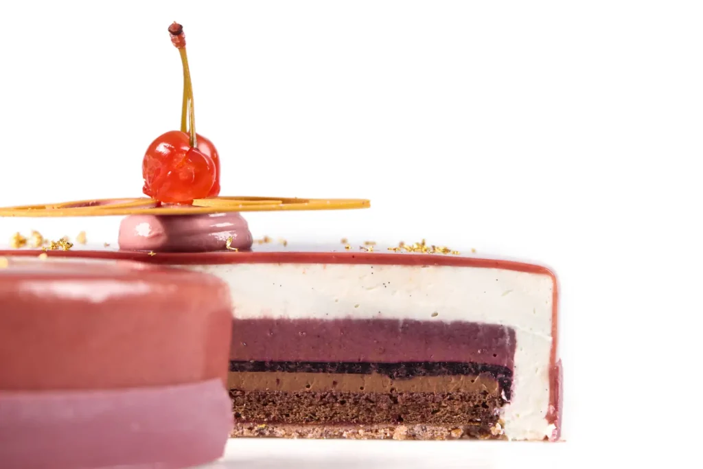 Sliced pastry revealing layered interior for the Callebaut Ruby campaign