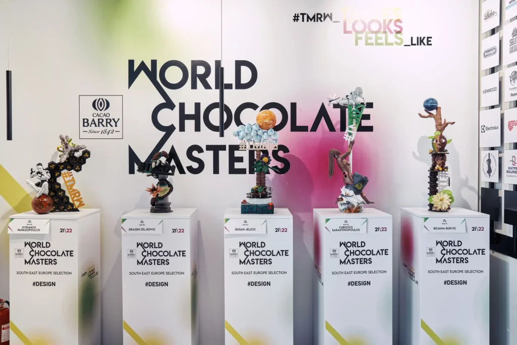 Line up of showpieces created for World Chocolate Masters Competition