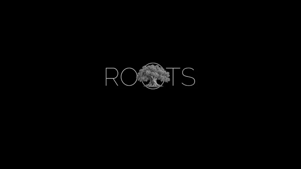ROOTS film logo design with an olive tree gravure on a black background