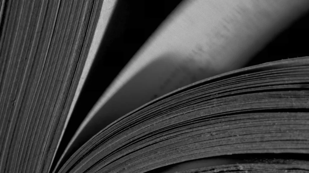 Black and white close up probe shot of textured paper book pages
