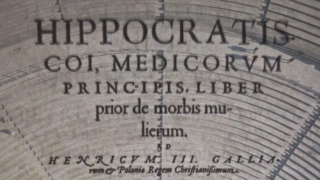 Composite of a Hippocrates book title page with an aerial Kallimarmaro view