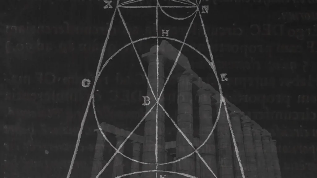 Geometric diagram composite with the Temple of Poseidon
