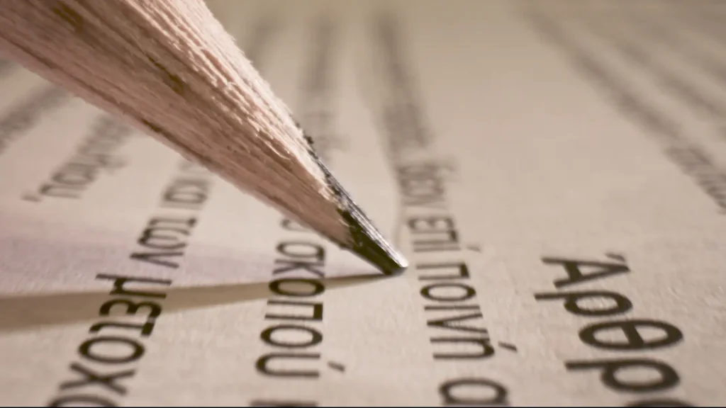 Macro close up detail of a pencil marking a Greek passage in an old paper book